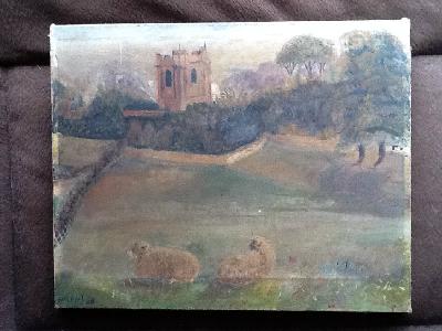 W.H. Capel - Two Old Primitive Oil Paintings, Sheep and Cottages 1908 & 12